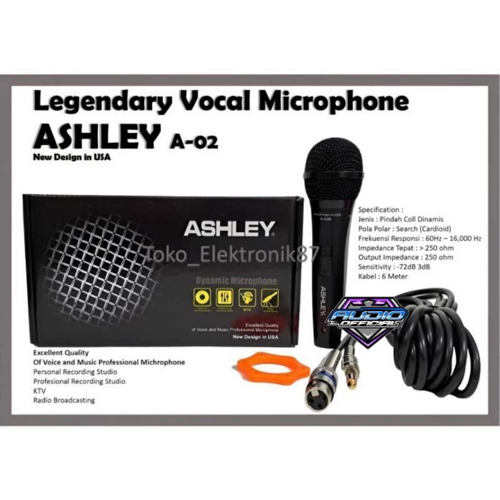 Microphone Cable ASHLEY A-02B Dynamic / Mic Karaoke Ashley A 02 B Series Original