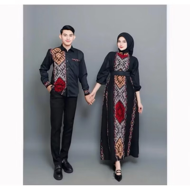 PAKAIAN PRIA WANITA SET COUPLE TENUN ETNIK KEMEJA LENGAN PANJANG GAMIS HITAM