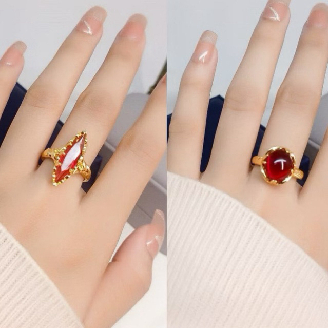 CINCIN BATU MERAH DELIMA DEWASA PRIA DAN WANITA LAPIS EMAS 22K TITANIUM