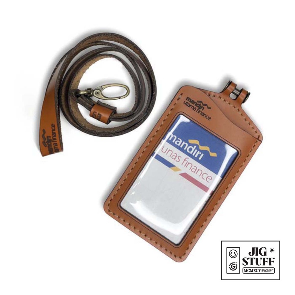 

ID Card kulit sapi asli custom logo sesuai pesanan bisa satuan gantungan Nametag lanyard tali dan ring model palang vertical 3 slot kartu