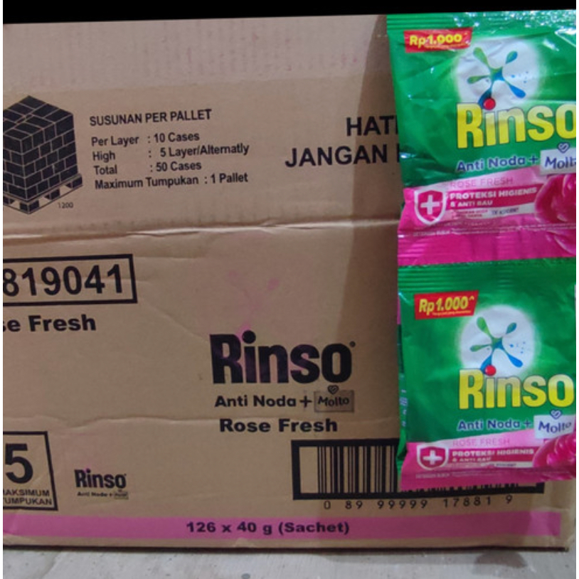

Rinso Molto Bubuk Sachet Ranceng anti noda+ Molto 40g Dus Karton isi 126/Rinso Molto Bubuk 40g Renceng Dus