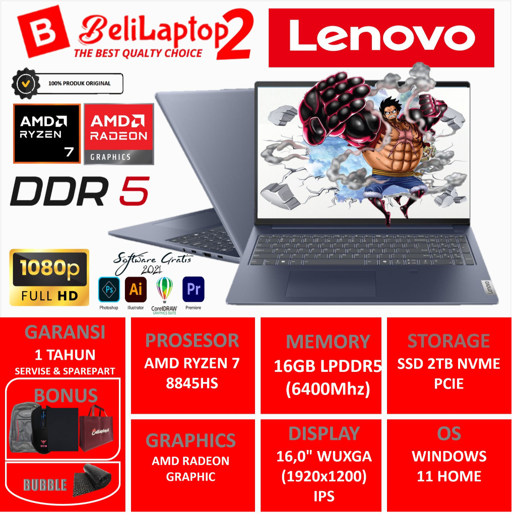 Laptop Gaming Tipis Lenovo Ideapad Slim 5 16 AMD RYZEN 7 8845HS 16GB DDR5 WUXGA IPS WIN 11