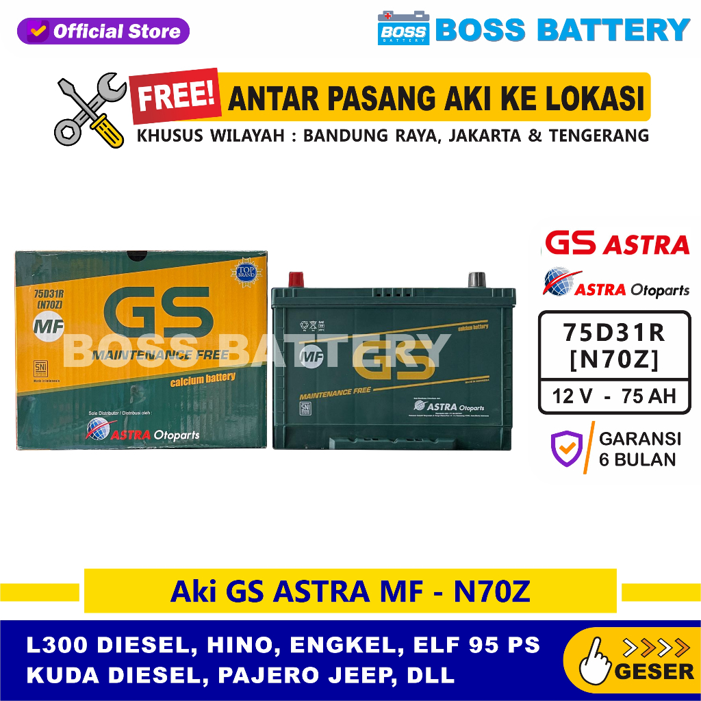 Aki GS MF N70Z - 75 Amper, Aki GS ORIGINAL ASTRA OTOPARTS