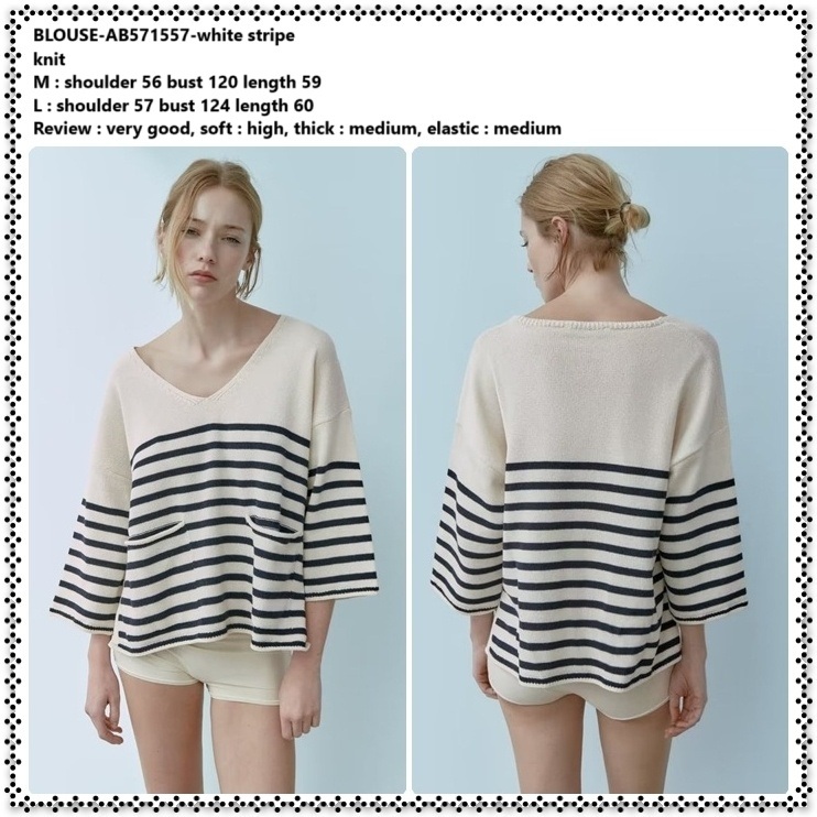 AB571557 Baju Atasan Rajut Knit Blouse Salur Garis Hitam Putih Black White Stripe Wanita Korea Impor