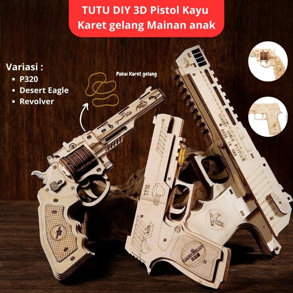 NEW TUTU 3D Wooden Puzzle Mainan Anak Puzzle Pistol Rakitan Karet Gelang Bahan Kayu Kuat 3D DIY