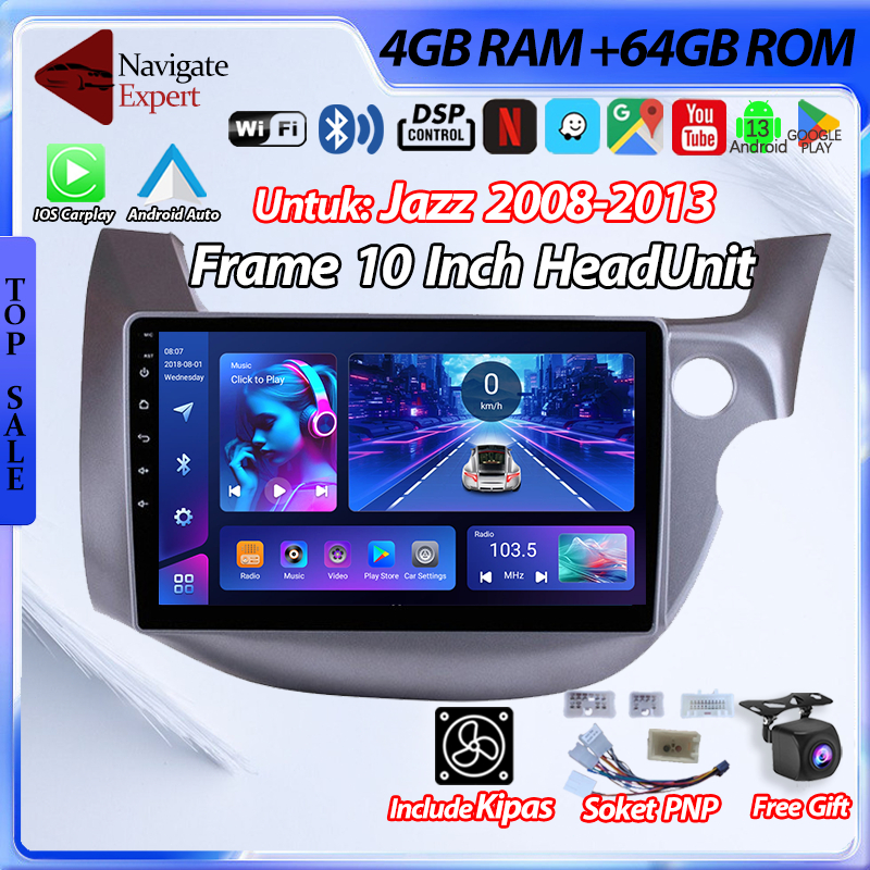 【Jazz 2008-2013】8G+128G Head Unit Android 13 Mobil 10inch IPS Screen Termasuk Frame / Soket PNP / AH