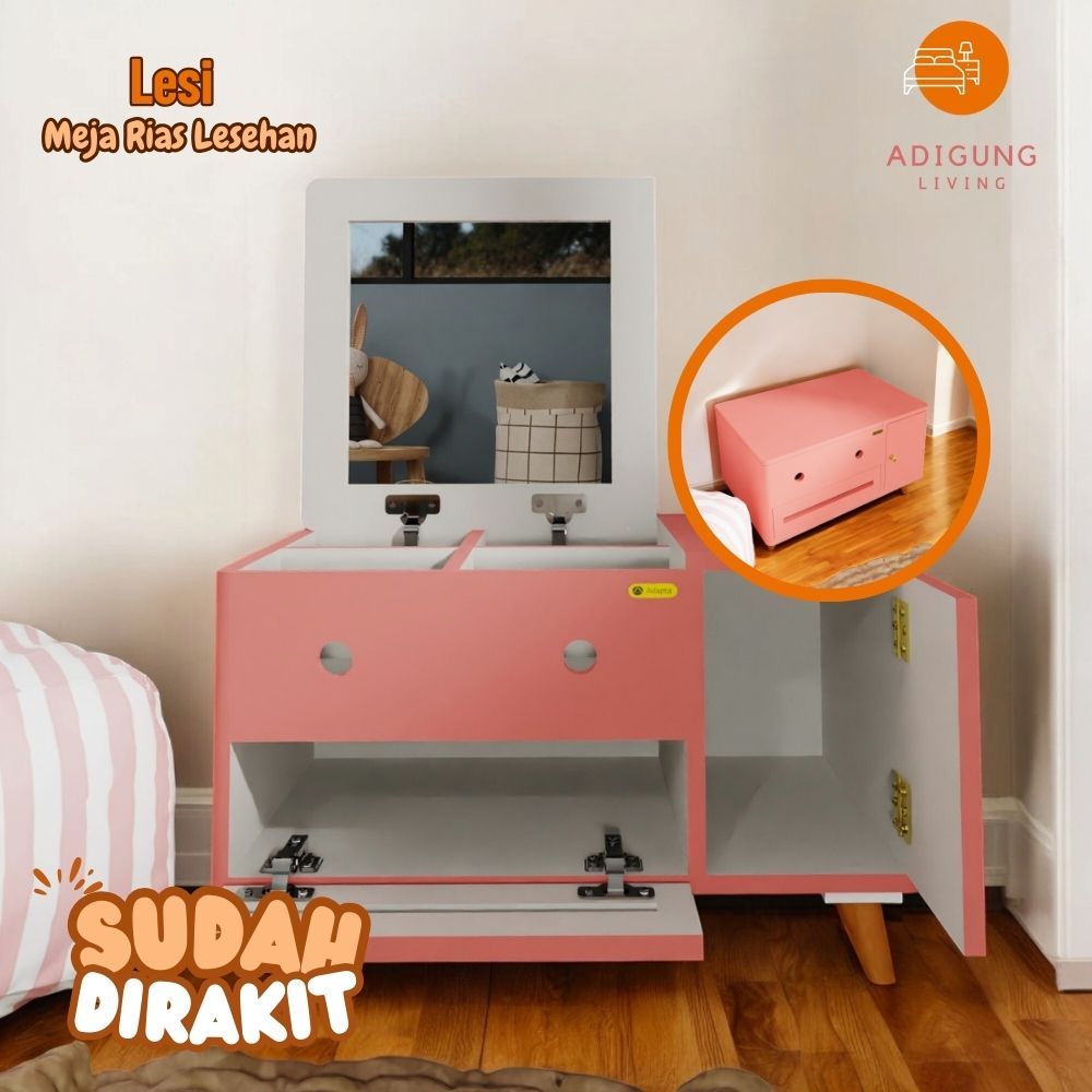 Meja Rias Mini Warna Pink Minimalis - Meja Rias Lesehan 4 Storage Make Up - Lemari Rias Multifungsi