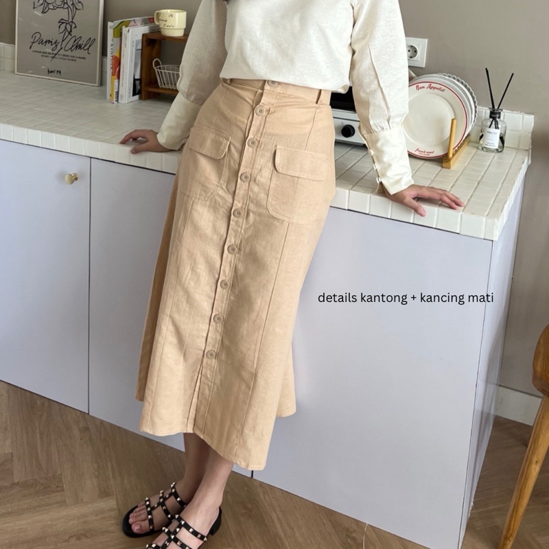 ROK SPAN CARGO PANJANG WANITA DEWASA SAKU DEPAN HIGHWAIST KOREAN STYLE ROK KATUN MELAR KANCING MURAH