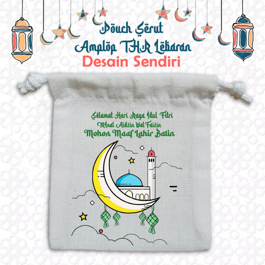 

Amplop THR pouch serut lebaran desain gambar masjid bahan spunbond dan blacu ukuran lebar 8cm x tinggi 10cm ANGPAU IDUL FITRI DESAIN UNIK LUCU