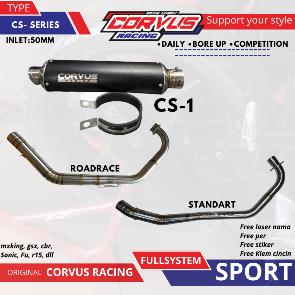 Knalpot Racing ( FULL SYSTEM SPORT ) CORVUS RACING TYPE CS SERIES – Suara BASS ADEM ULEM50mm | Haria