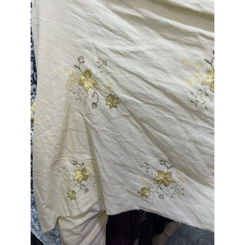 kain katun linen bordir bunga-bunga