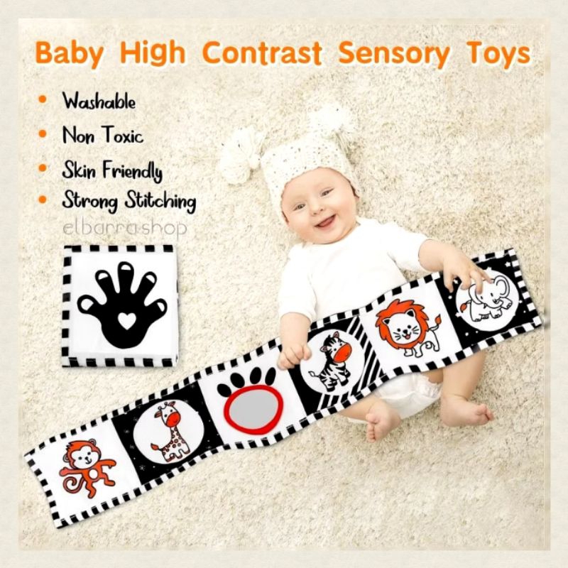 Mainan Edukasi Sensori Buku Kain Panjang Mirror Gantung Hitam Putih Kontras Boks Tempat Tidur Bayi C