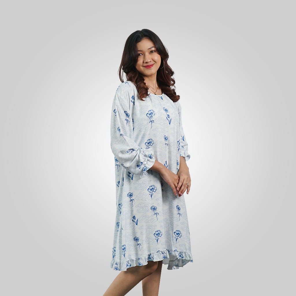 BATIK TRUSMI Atasan Batik Wanita Batik Dress Alesa Biru MOP
