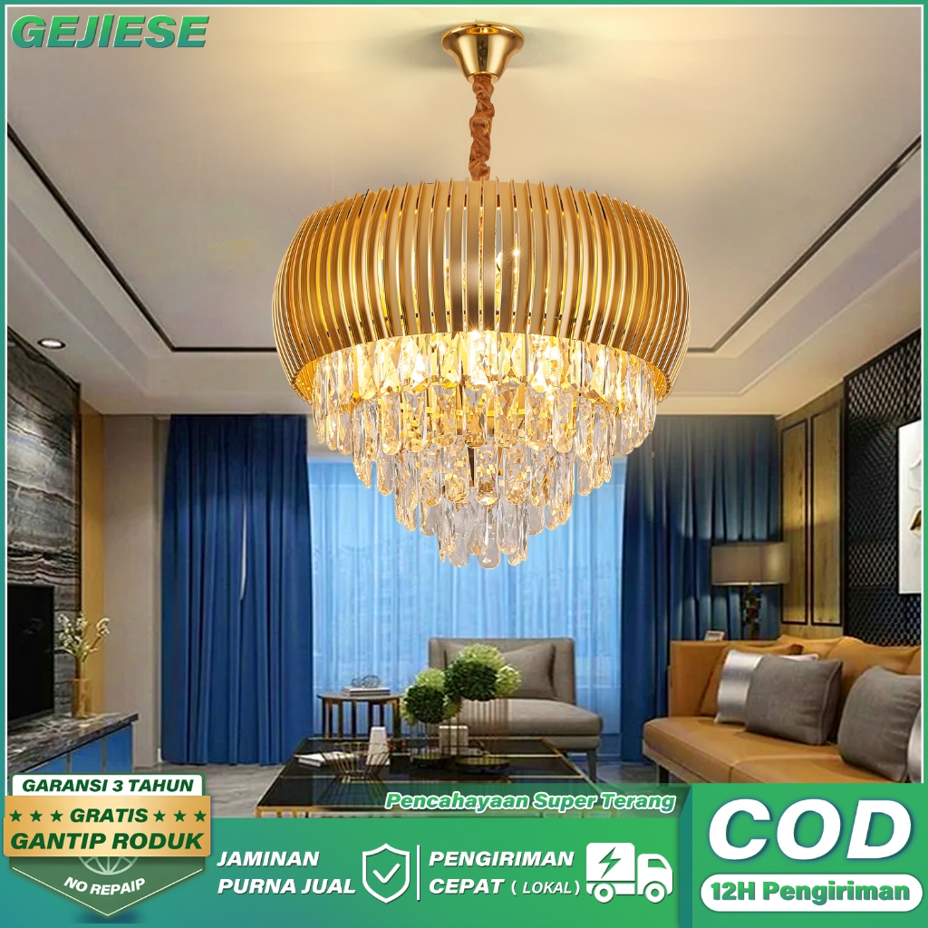 COD Lampu Gantung Kristal Tamu Mewah Emas LED 50CM Ruang Tamu 3 Warna Lampu Gantung Kristal Hias