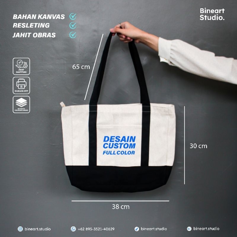 Tote bag Custom Kanvas Tebal Premium | Tote bag Jahit Hitam |  Resleting