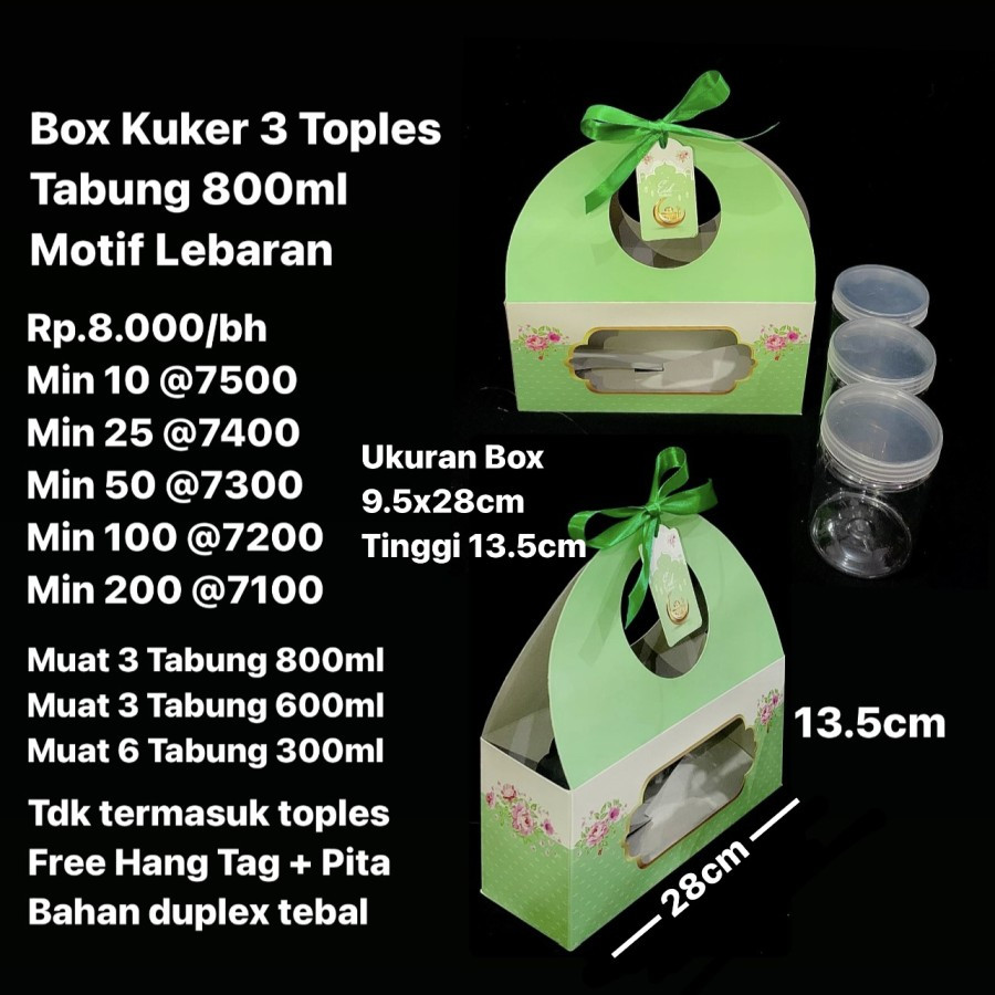 

5 Pcs Box Tenteng Kuker 3 Toples 800 ML 9.5 x 28 x 13.5 Cm Motif Lebaran Box Kuker 600 ML Bingkisan Parcel Lebaran