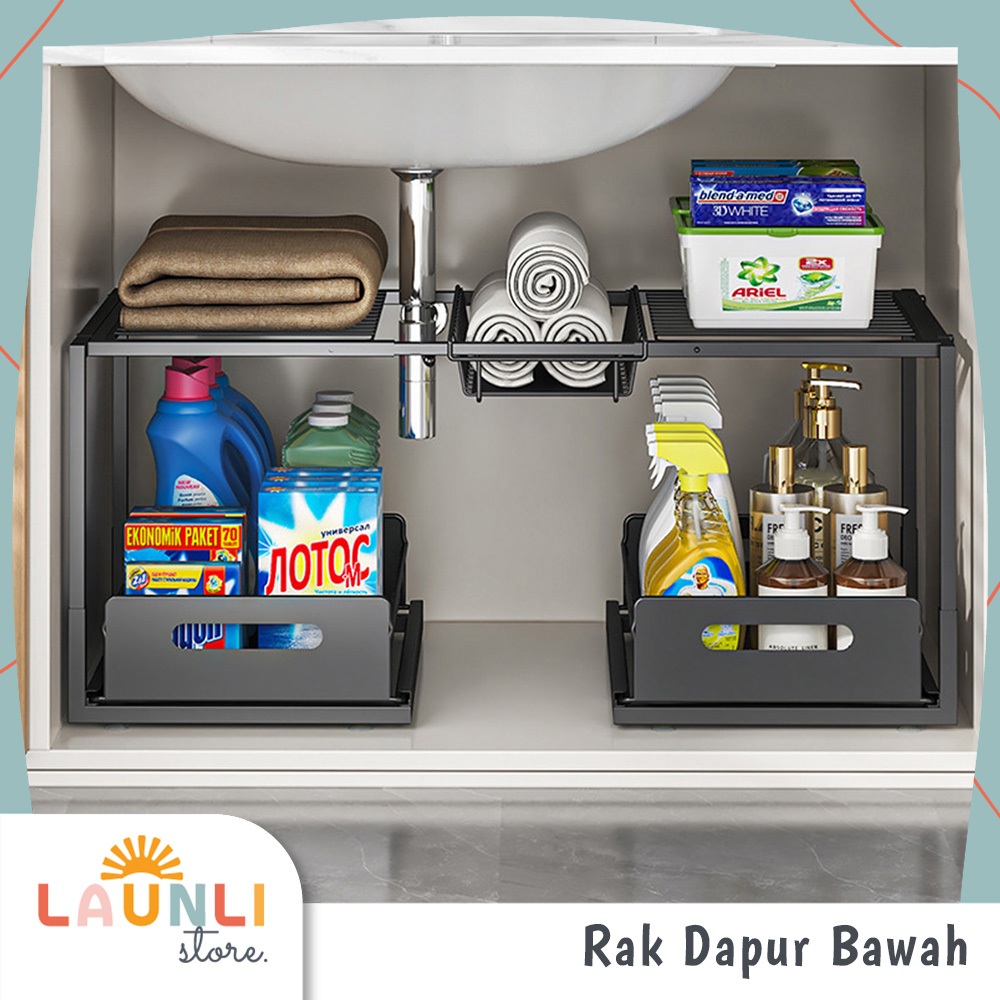 Rak Bawah Wastafel Susun Laci Kabinet Tarik Tempat Penyimpanan Kolong Sabun Detergen