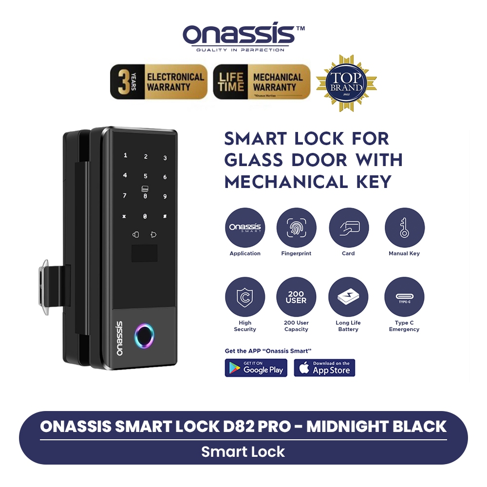 Onassis Smart Lock D82 Pro for Glass Door with Key