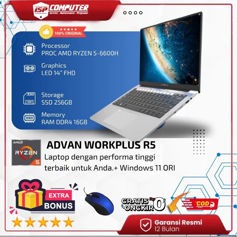ADVAN Laptop Workplus AMD RYZEN 5 6600H 14” FHD IPS 16GB 512GB Win 11