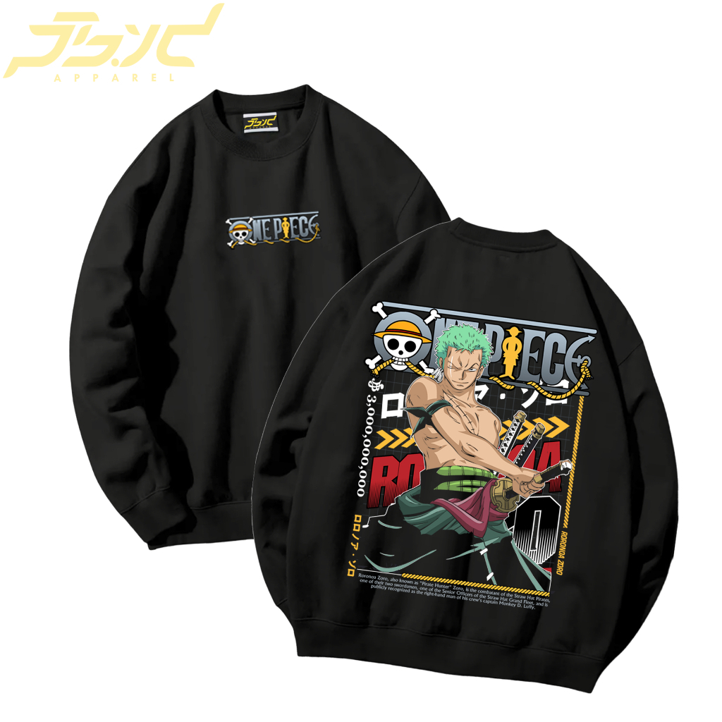 CREWNECK Roronoa Zoro One Piece Anime Hitam Cowok Remaja & Dewasa