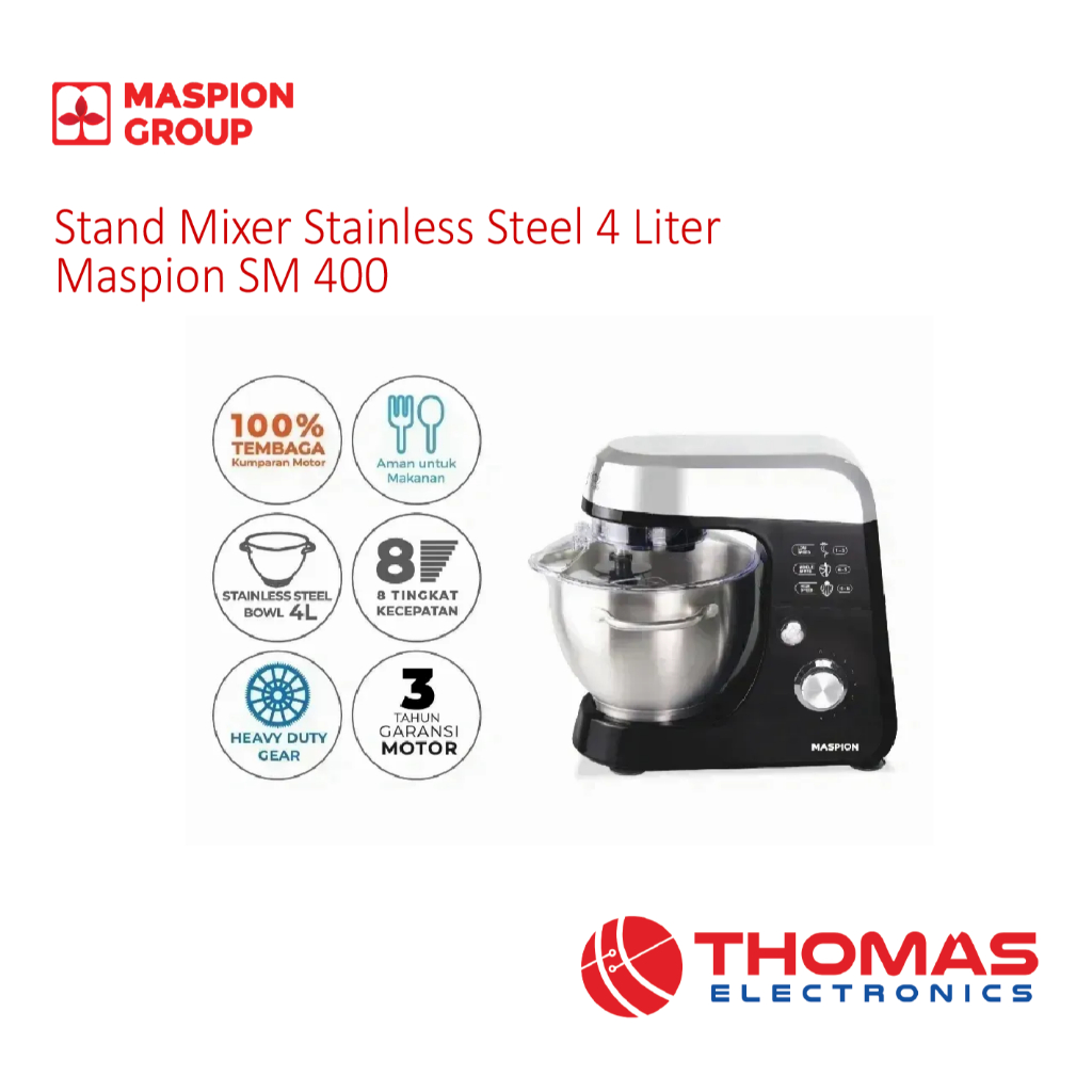 Stand Mixer Stainless Steel 4 Liter Maspion SM400 SM 400 Pengaduk Garansi Resmi