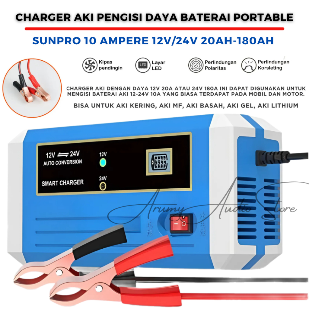 Charger Aki Mobil Otomatis 10 Ampere Sunpro 12v/24v 20ah-180ah / Charger Aki Motor Dan Mobil Otomati