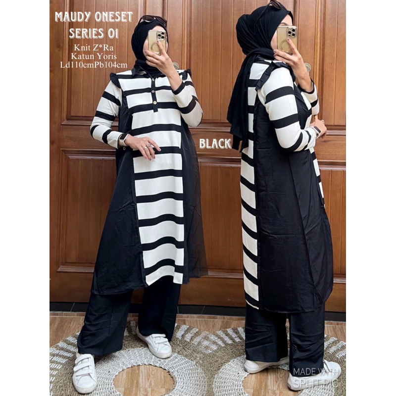 Long Set Maudy Premium Oneset Series 01 Katun Yori Mix Knit Zara Black Brown Pink Sage Blue OneSet C