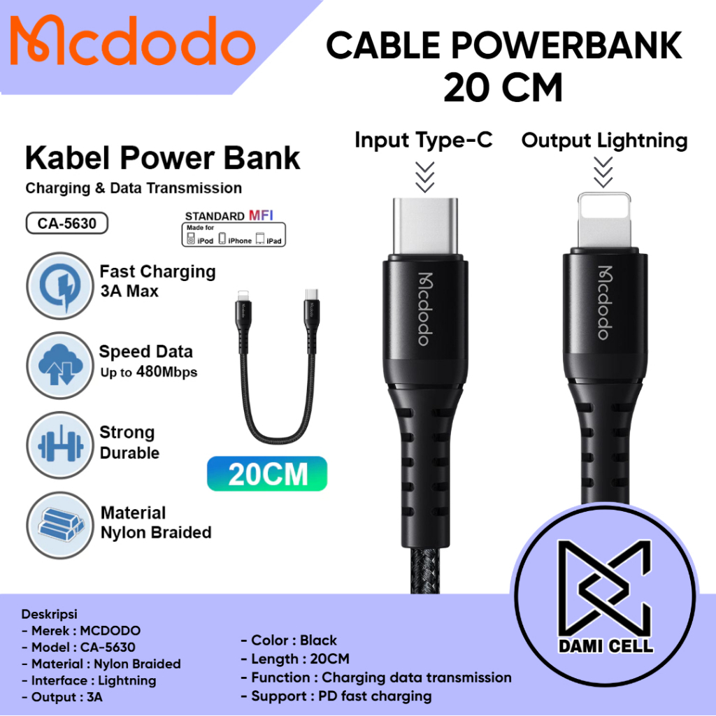 Kabel Data Iphone 20cm Cable Power Bank Type C to Lightning PD Fast Charging Original Mcdodo CA-5630