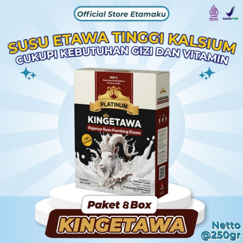 

Kingetawa Platinum Susu bubuk etawa Premium Grade A Untuk Kesehatan Pernfasan, Ashma, Nyeri Sendi, Osteoporosis kemasan 250gram 8 box