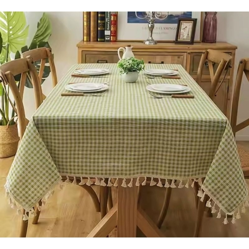 taplak meja makan 4 kursi motif kotak rumbai