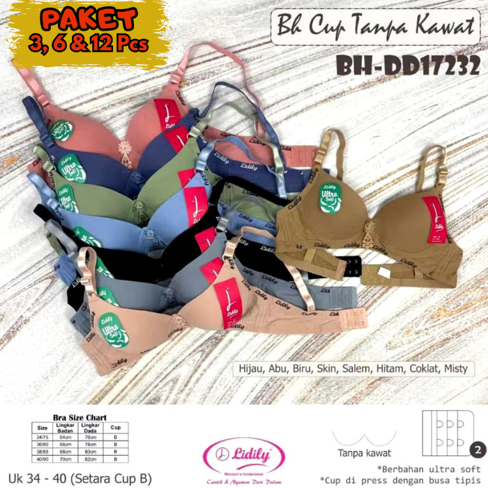 Paket BH LIDILY 17232 BUSA TIPIS TANPA KAWAT KAIT 2 ULTRA SOFT