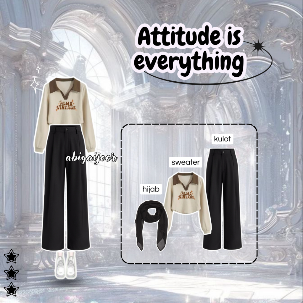 Outfit Set Hijab Croptop (Sweater Crop Celana Kulot Hijab) Setelan Hangout OOTD Remaja Kekinian