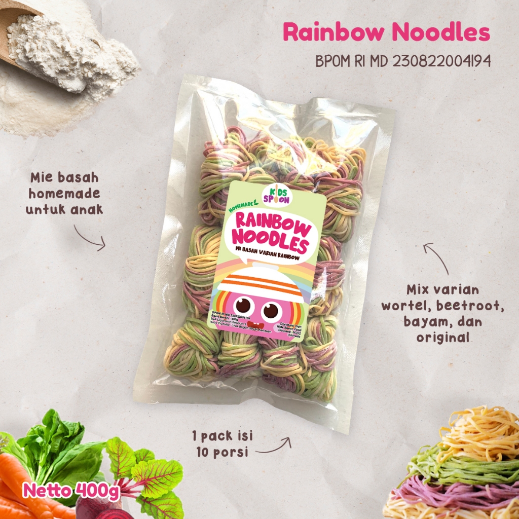 

Kids Spoon Rainbow Noodle 400g/ Mie Pelangi Homemade 4 Warna Alami (Merah, Kuning, Oranye & Hijau)