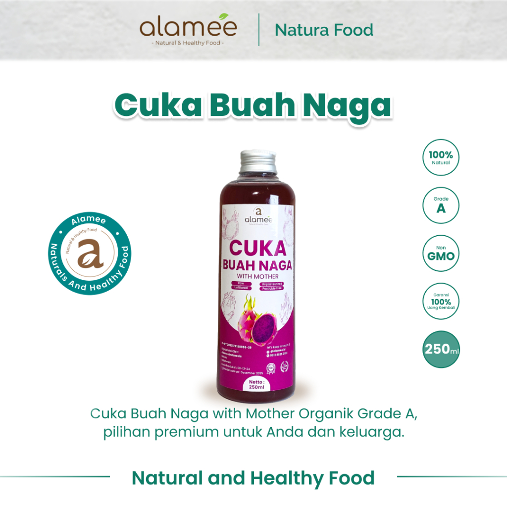 

ALAMEE Cuka Buah Naga Organik Dragon Fruit Cider Vinegar With Mother Fermentasi Probiotik 250ml