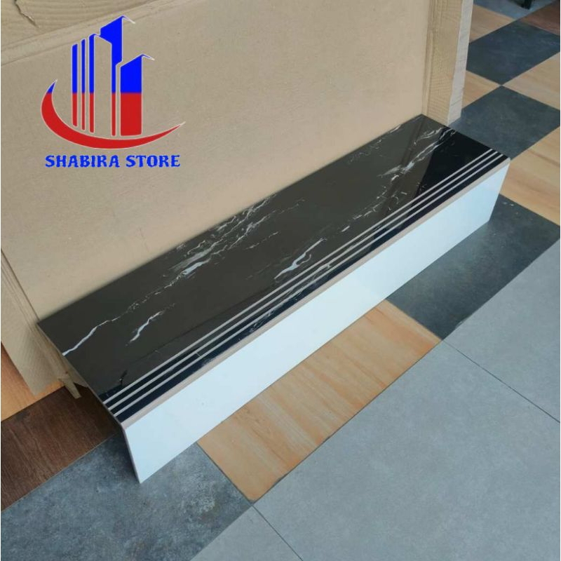 Granit keramik anak tangga kombinasi hitam corak putih polos 30×80 30×90 30×100 stepsnosing custom l