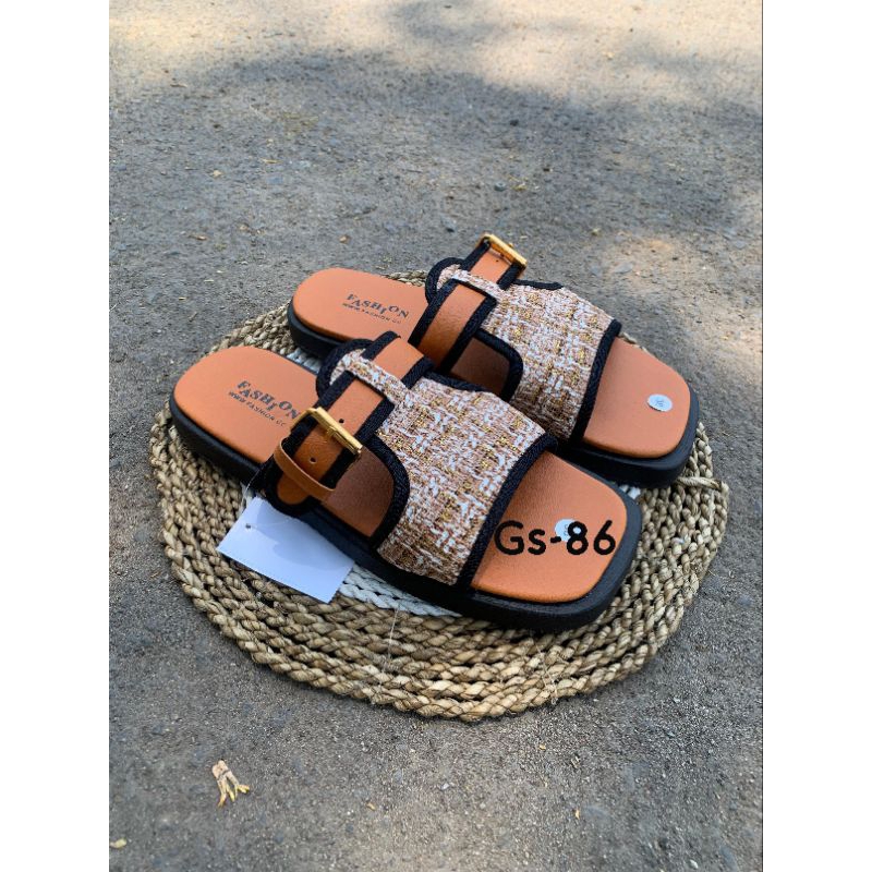 SANDAL WANITA TALI GESPER MOTIF RAJUT TREND FLAT SHOES KOREAN STYLE