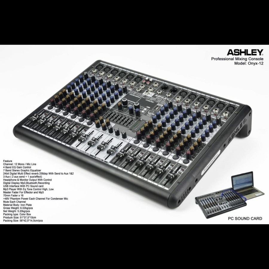 Mixer Ashley Onyx 12 channel 4 tone New ONYX12 Recording Reverb PC Soundcard Digital TERBAIK