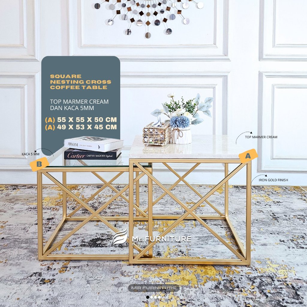 meja tamu kotak nesting marmer full krem & kaca