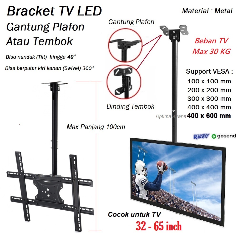 Bracket Breket TV 65 60 55 52 47 42 37 32 inch LED Wall or Ceiling Mount Gantung Plafon Tiang Hanger