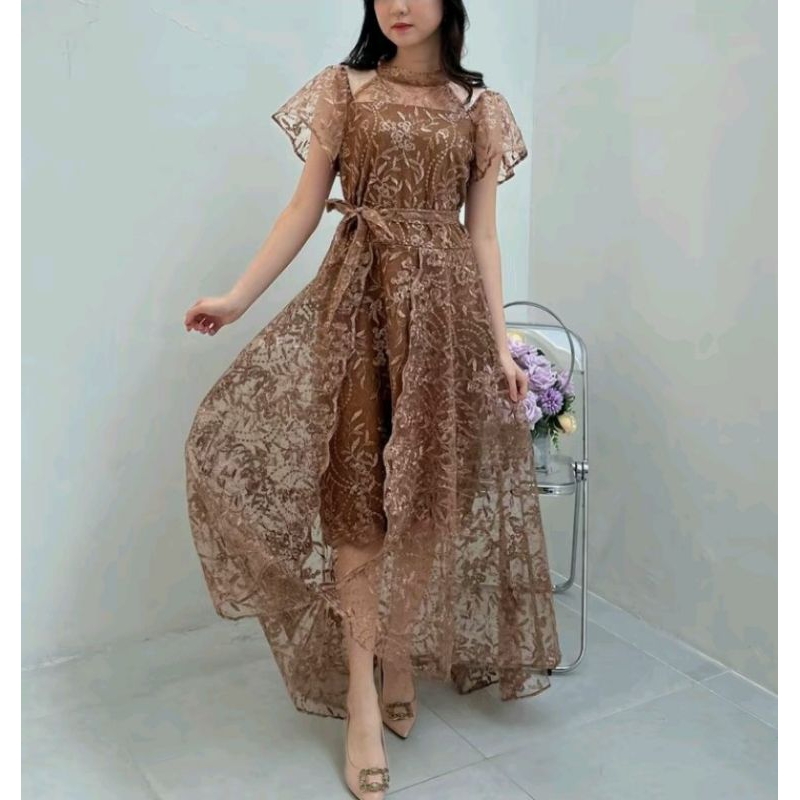dress brukat wanita model rok payung/baju pesta