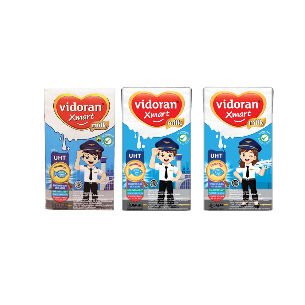 

Vidoran Xmart UHT 3x110ml Rasa Es Krim Vanila Free 1x110ml Rasa Stroberi