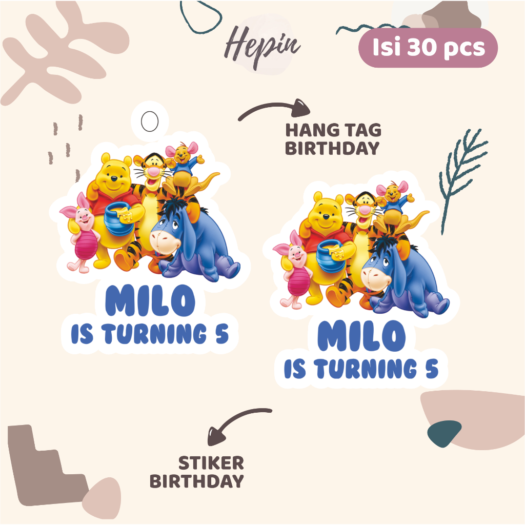 

(30pcs) Hang tag & stiker ulang tahun tema WINNIE THE POOH lucu/diecut /label tag ulang tahun murah/hang tag ulang tahun/tag souvenir ulang tahun/stiker nama ualang tahun/diecut stiker&t ag
