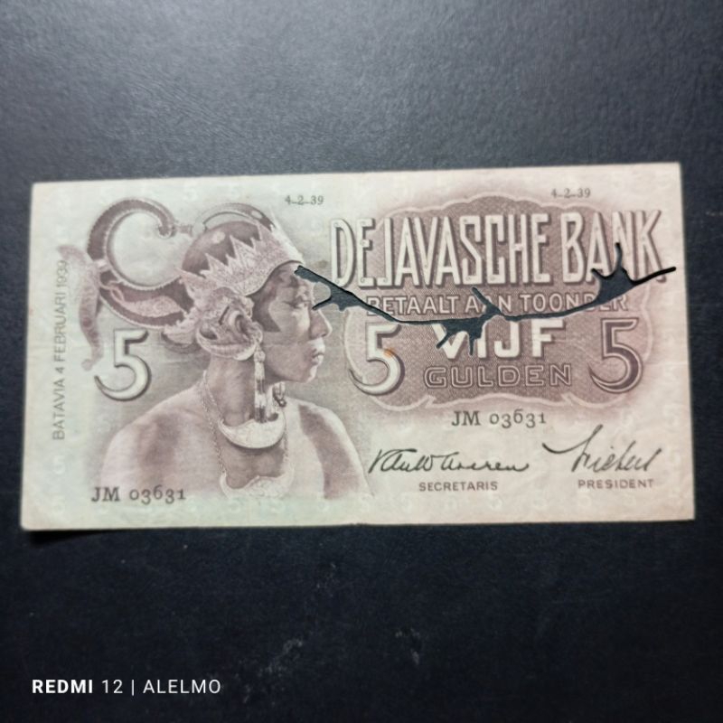 5 gulden uang kertas seri wayang tahun 1935 beredar asli lubang JM03631