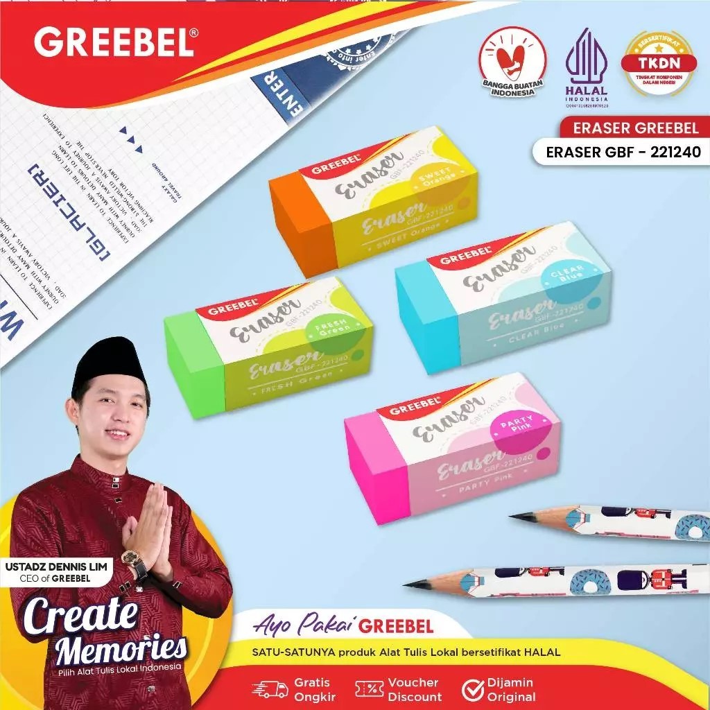 

GREEBEL Eraser Penghapus Pensil (HAPUSAN GBF-221240 S 4 COLOR 1PCS) / Aman untuk Anak / Alat Tulis Sekolah