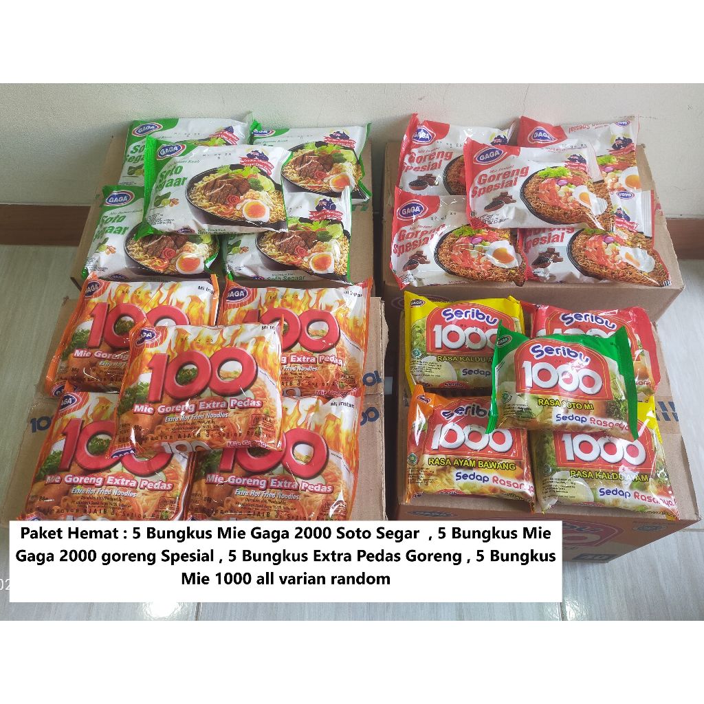 

Paket 20 Bungkus : Mie Gaga Soto Segar ,Mie goreng Spesial , Extra Pedas Goreng ,Mie 1000 random