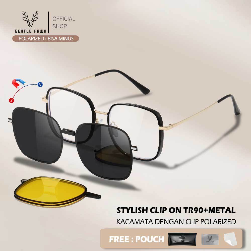 Gentle Fawn Kacamata Clip On Kotak Free 2 Lens Polarized Bahan TR90+Metal Kuat Kokoh Bisa Minus Tren
