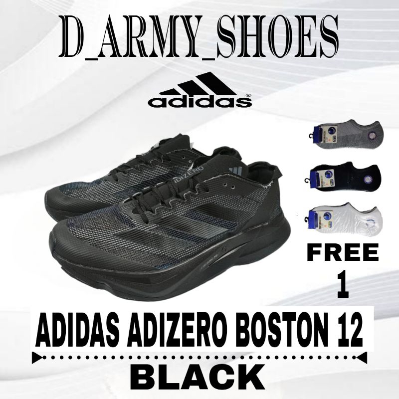 Sepatu Running Pria Adidas Adizero Boston 12 Full Black Free Kaos Kaki