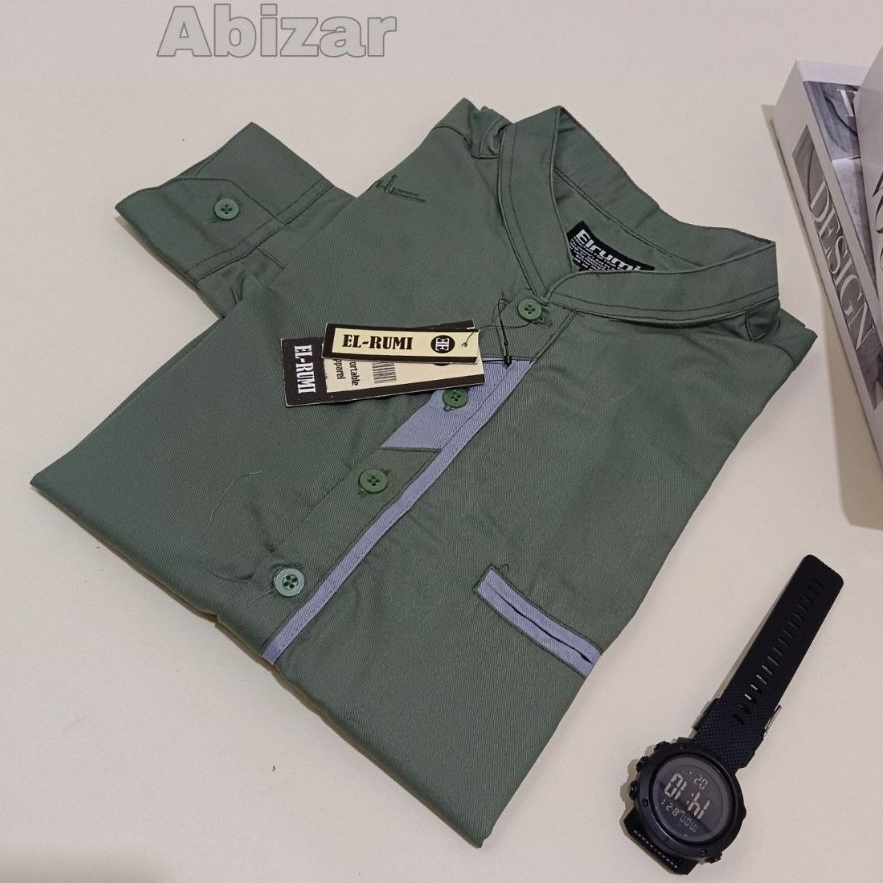 Baju Koko Kurta Elrumi Lengan Panjang Warna Sage Motif Abizar Baju Atasan Muslim Laki-laki Dewasa