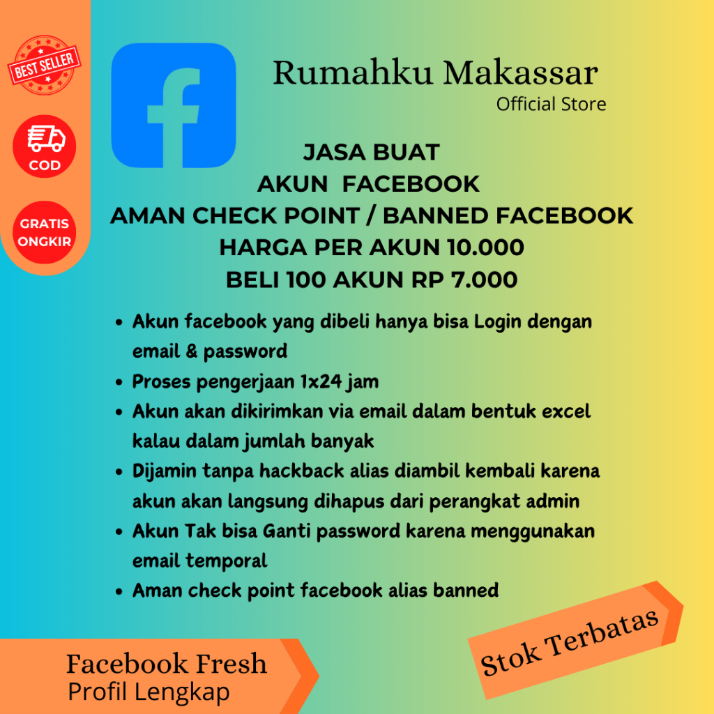 Jasa buat ratusan akun facebook aman check point  banned facebook