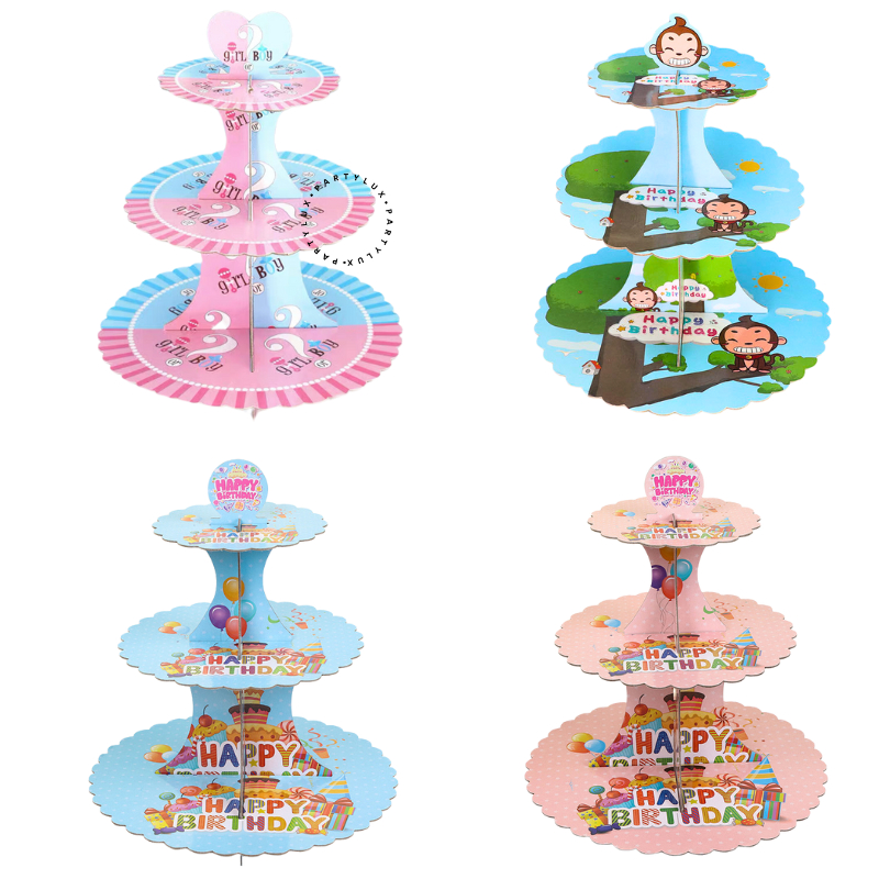 Tatakan Kue Ulang Tahun 3 Tingkat Motif Happy Birthday / Cupcake Stand 3 Susun / Tier Cake Stand